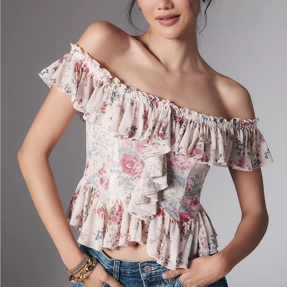 Anthropologie Off the Shoulder Top Woman M Pink Floral Ruffle Cottagecore Mesh